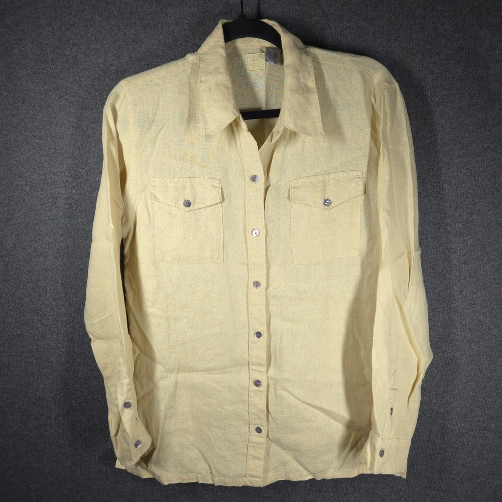 Chicos Linen Button Front Shirt Size 0 Sm Yellow Lightweight Classic Coastal Top
